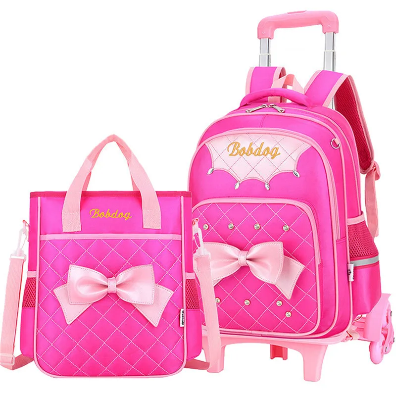 Детские школьные сумки для девочек, школьный ранец на колесиках, сумки для багажа, съемный рюкзак с колесиками, 2 шт./компл - Цвет: rose red set