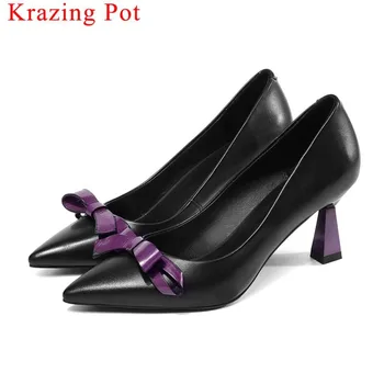 

2019 high quality genuine leather mixed colors gorgeous butterfly-knot high heels pointed toe celebrity party oxford pumps L16