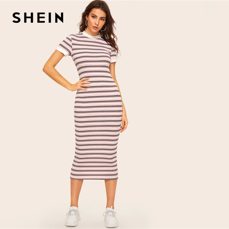 SHEIN, Полосатое платье-карандаш с контрастной горловиной и манжетами,, консервативный дизайн, цветные блоки, тянущиеся, весна-осень, облегающие Женские платья