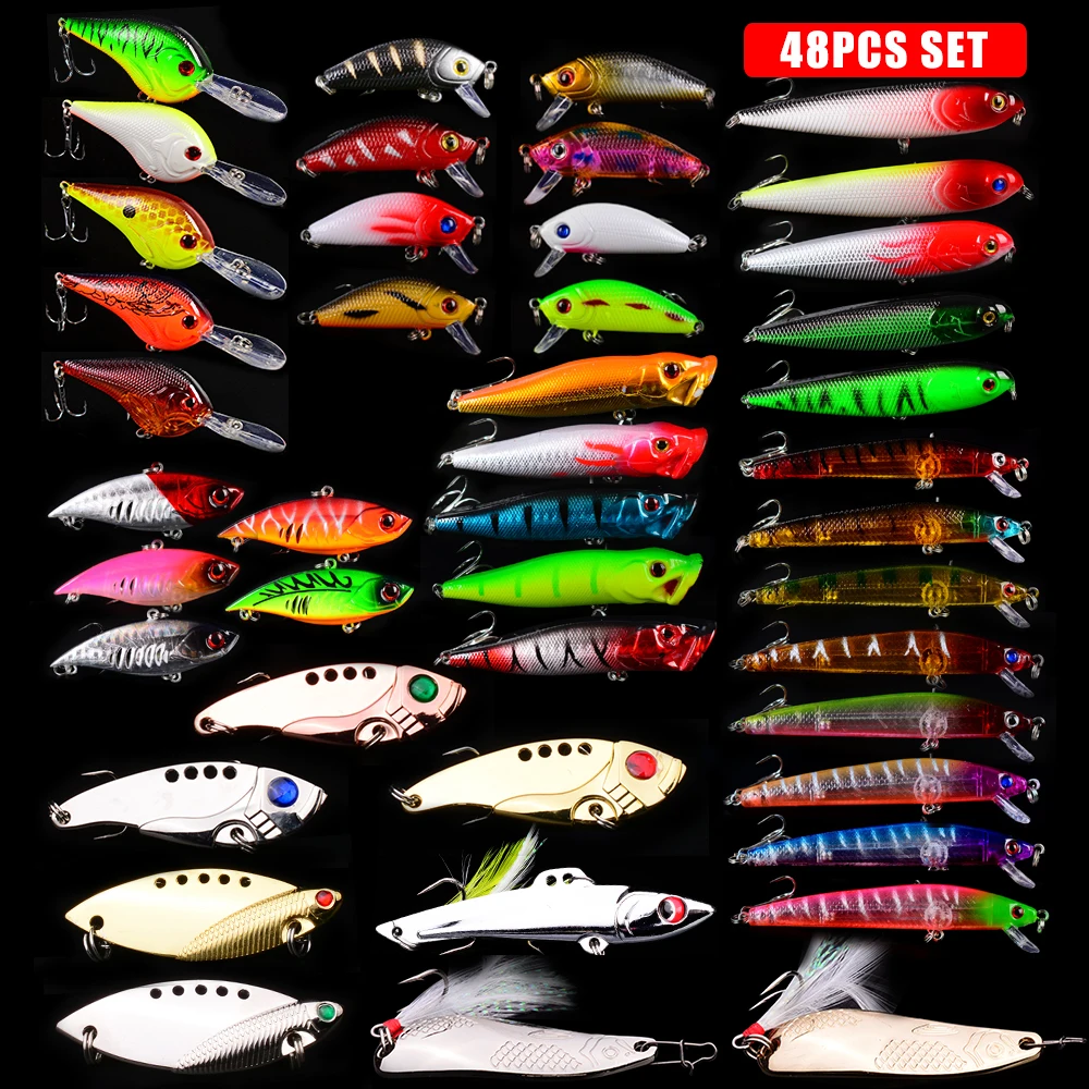 48pcs/Lot Swim Fish Fishing Lure Mix Size Hard Minnow Bait Spoon