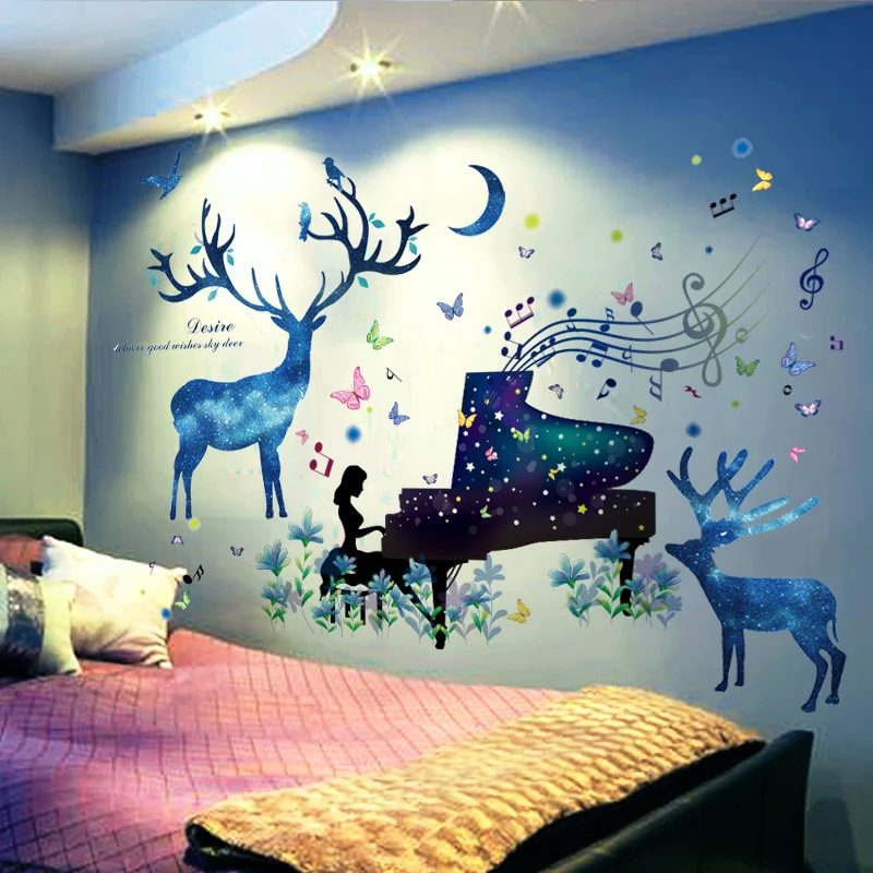 

[SHIJUEHEZI] Piano Performance Girl Wall Stickers Vinyl DIY Deers Birds Mural Art for Baby Room Kindergarten Decoration