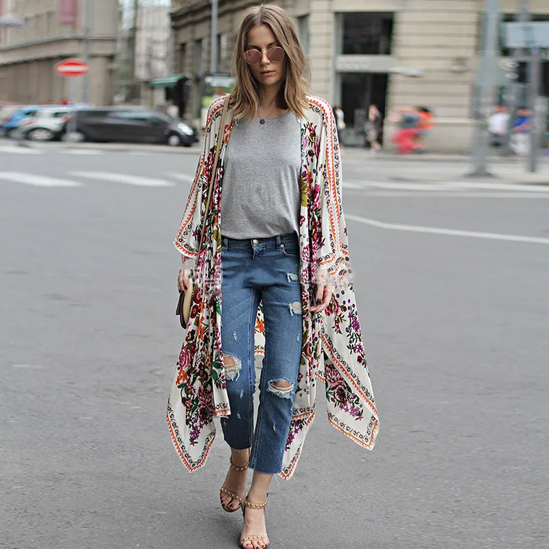 Floral Chiffon Kimono Cardigan Women's Shirts Long Boho Full Sleeve Feminine Female Blouse 2019 Summer Casual Bikini Top Female