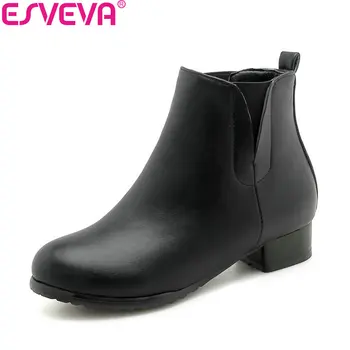 

ESVEVA 2019 Women Boots Autumn Low Heels Shoes Elastic Band Ankle Boots Square Heels Round Toe Sewing Woman Shoes Size 34-43