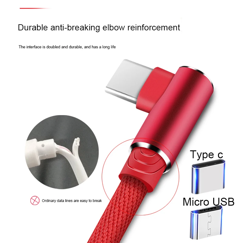 90 градусов Micro usb type C кабель зарядное устройство провод для huawei Xiaomi Oneplus USB-C USBC type-C длинный кабель для быстрой зарядки 2 м 3 м телефонный кабель для передачи данных