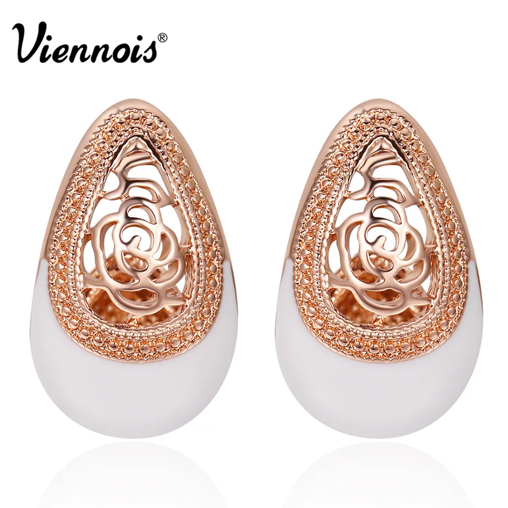 Viennois Rose Gold Color Hollow Stud Earrings for Women White Enamel Crafts Earrings Female Sweet Water Drop Shaped Earrings Viennois Rose Gold Color Hollow Stud Earrings for Women White Enamel Crafts Earrings Female Sweet Water Drop Shaped Earrings