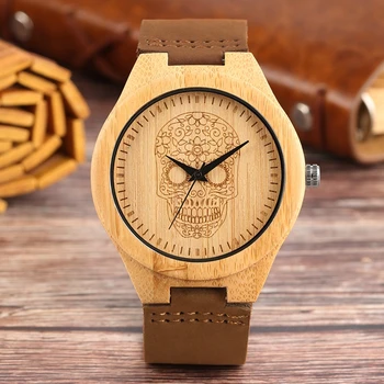 

Wood Watch Men Quartz Leather Wristwatch Sculpture Flower Skull Display Steampunk Cool Bamboo Wrist Clock New Arrival 2018