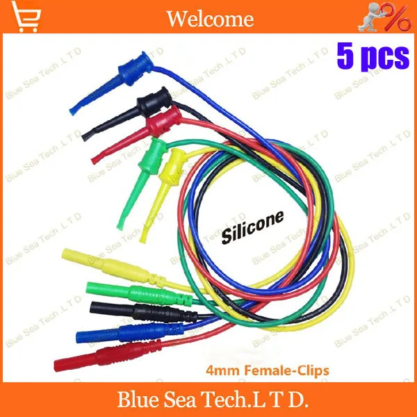 

Free Shipping 5pcs multimeter pen extension test hook clip with 4mm banana socket 16 AWG ultra soft silicone moulded 5 color