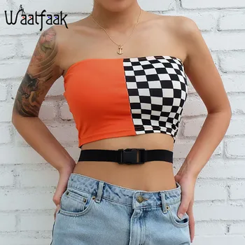 

Waatfaak Checkerboard Patchwork Strapless Button Bodycon Sexy Top Bandeau Orange Crop Tops Contrast Summer Bra Boob Off Shoulder