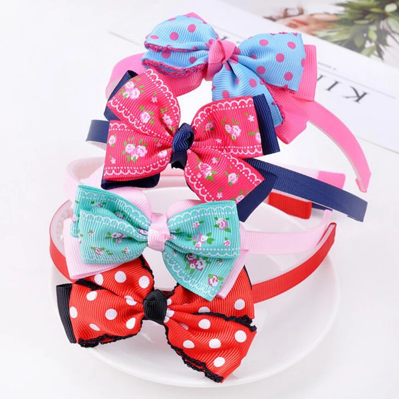 Девушки Дети Multil Цвета бантом Hairbands горошек с цветочным принтом лента повязка на