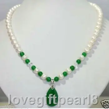 

New Jewelry White Freshwater Pearl & green stone Pendant Necklace