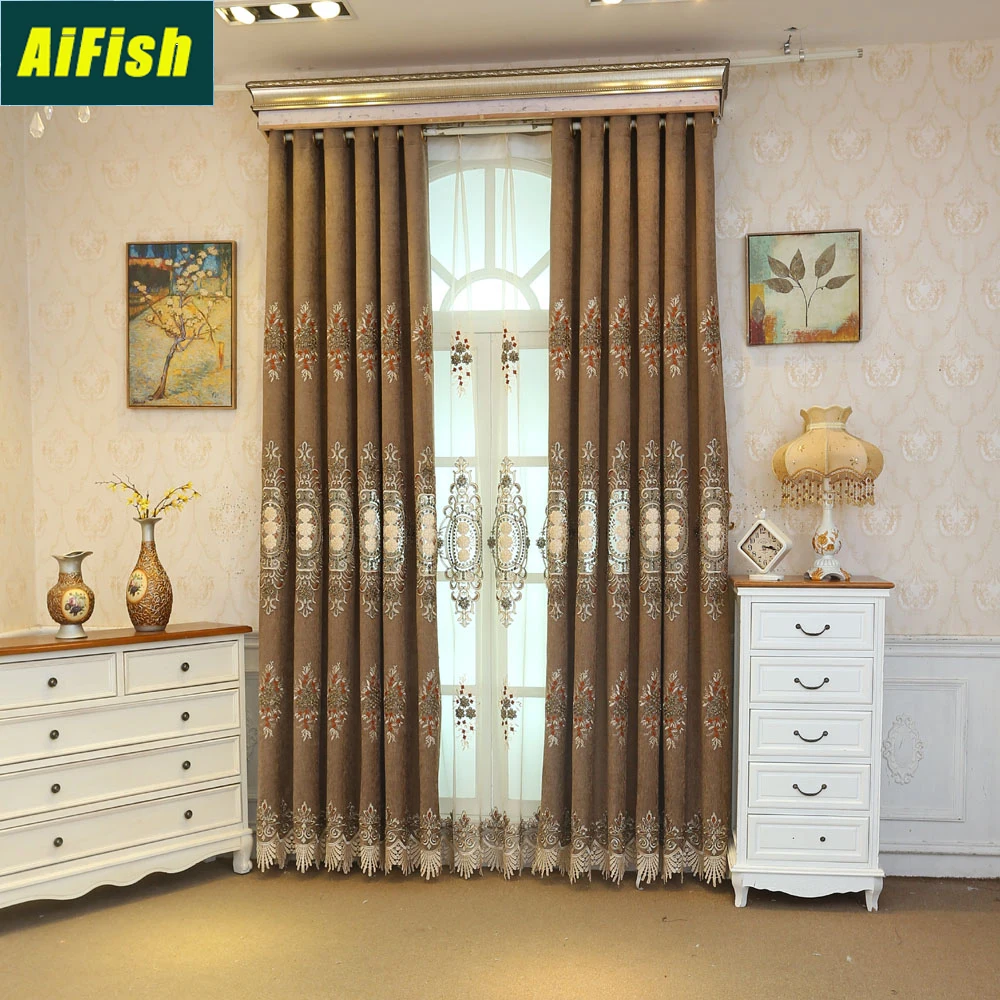 

European Style Chenille Blackout Brown Curtains for Living Room Floral Embroidered Sheer Voile Window Tulle for Bedroom wp319&4