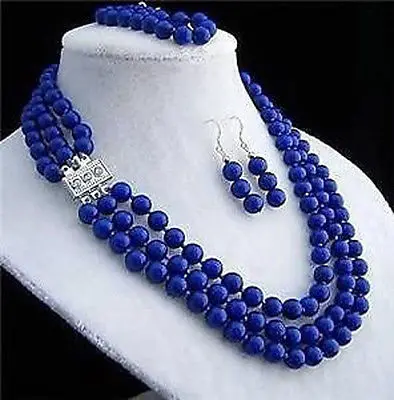 

FREE SHIPPING 3rows 8mm lapis lazuli necklace bracelet earring sets AAA style 100% Natural lab fine stone Noble Fine jewe