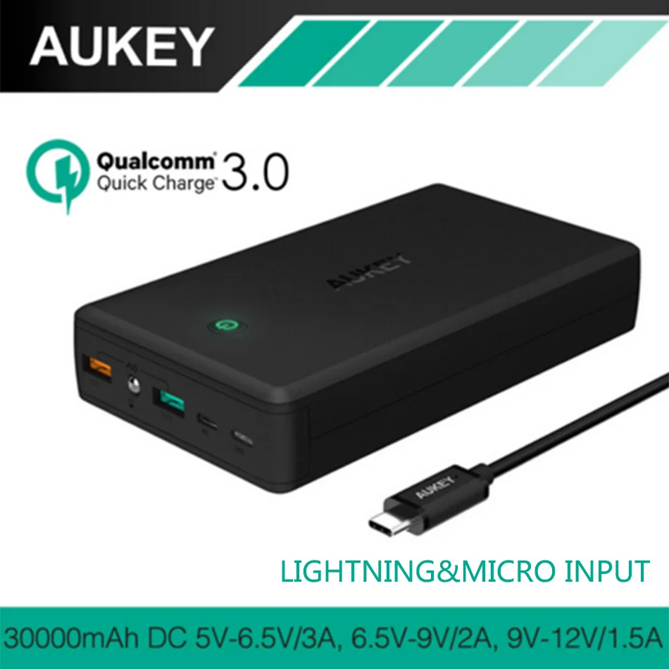 AUKEY 30000mAh Power Bank Portable External Battery Charger With Quick Charge 3 0 Dual Output And