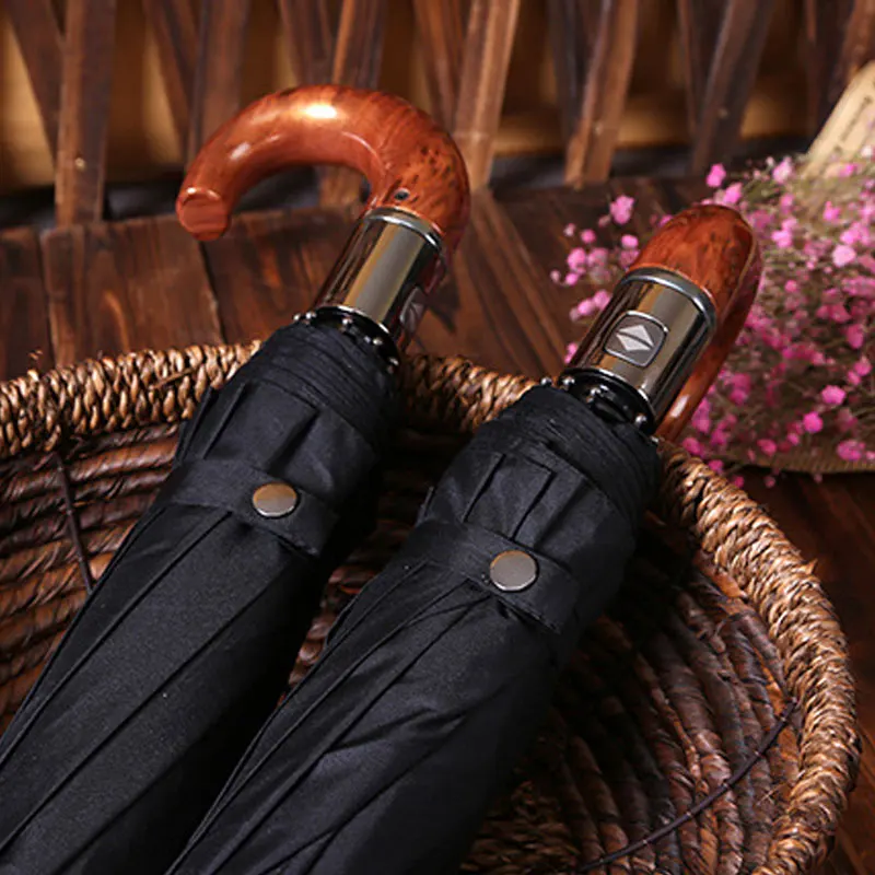 Фирменное Качество 10 ребра кожаный Зонт с деревянной ручкой для автомобиля для мужчин 3 складной автоматический сильный Ветрозащитный зонтик дождь для женщин Гольф - Цвет: C