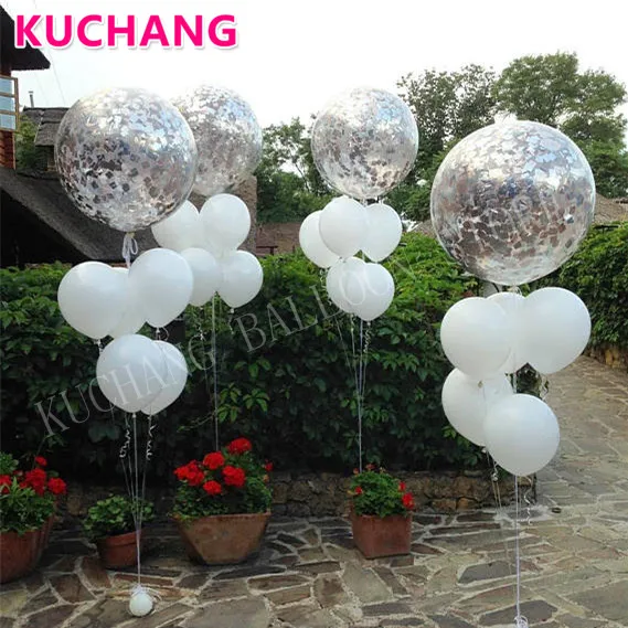 

7pcs/set 36inch no wrinkle Clear bubble 10inch white latex balloons Wedding Bouquet Silver Confetti Engaged Birthday Party decor