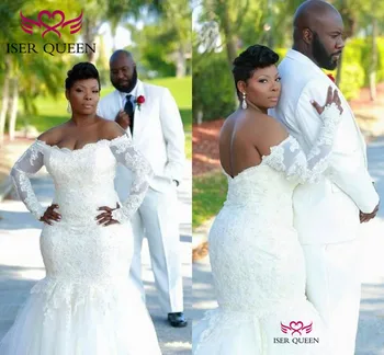 

Boat Neckline See-through Long Sleeves with Embroidery Satin Wedding Dresses African Plus Size Mermaid with Tiered Tulle w0608