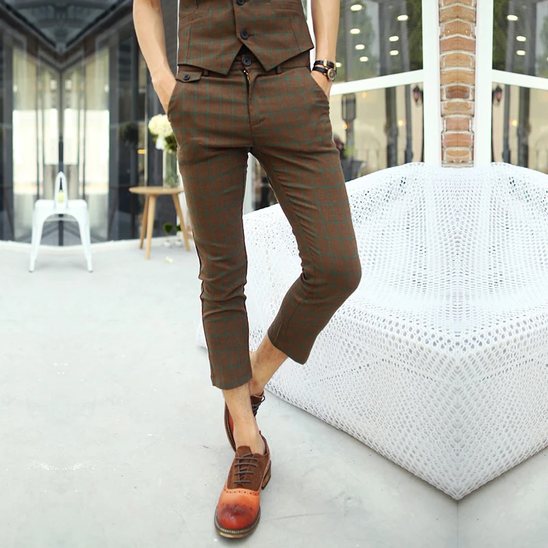 mens casual street plaid cropped pants