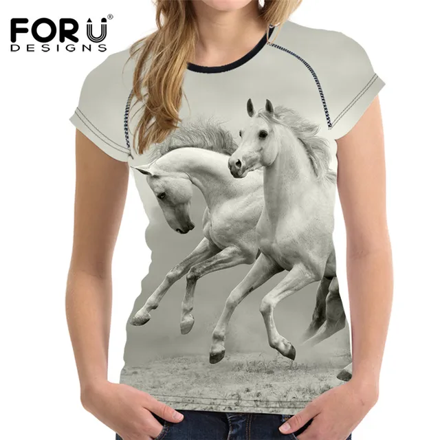 FORUDESIGNS Vintage Women Summer Basic T Shirt 3D Horse Animal Woman Tops Casual Short Sleeved Female Shirts For Girls Feminine