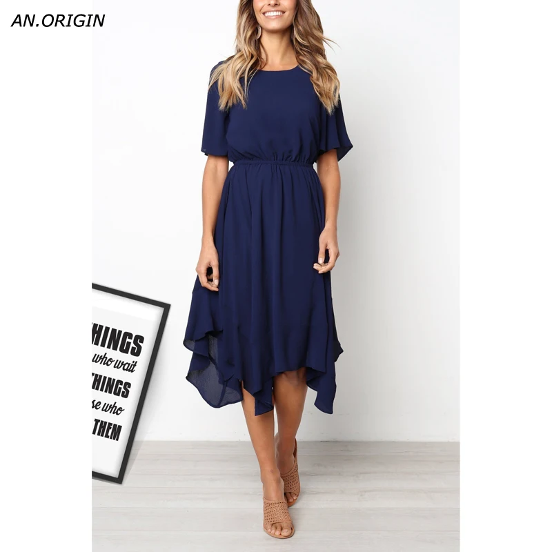 

Dress Summer 2019 Solid Color Plus Size O-Neck Mid-Calf Butterfly Sleeve Women's Wear Office Dress Female Casual dames jurken