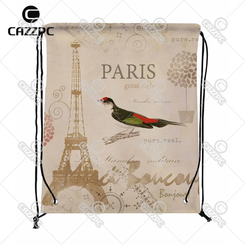 

vintage Creative Paris Eiffel Tower and Bird Print Custom individual Nylon fabric Drawstring Backpack Gift Bag Pack of 4