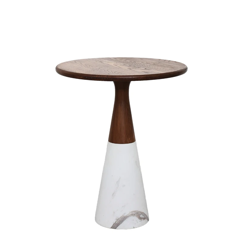 Round Coffee Table Wood Top Marble Base Side Table for Living Room Solid Wood End Table
