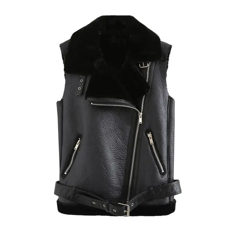 

Autumn Winter Plus Velvet Thicken Lambs Wool Leather Vest Women Coat Abrigo Mujer Black Waistcoat Warm Motorcycle Jacket C4828