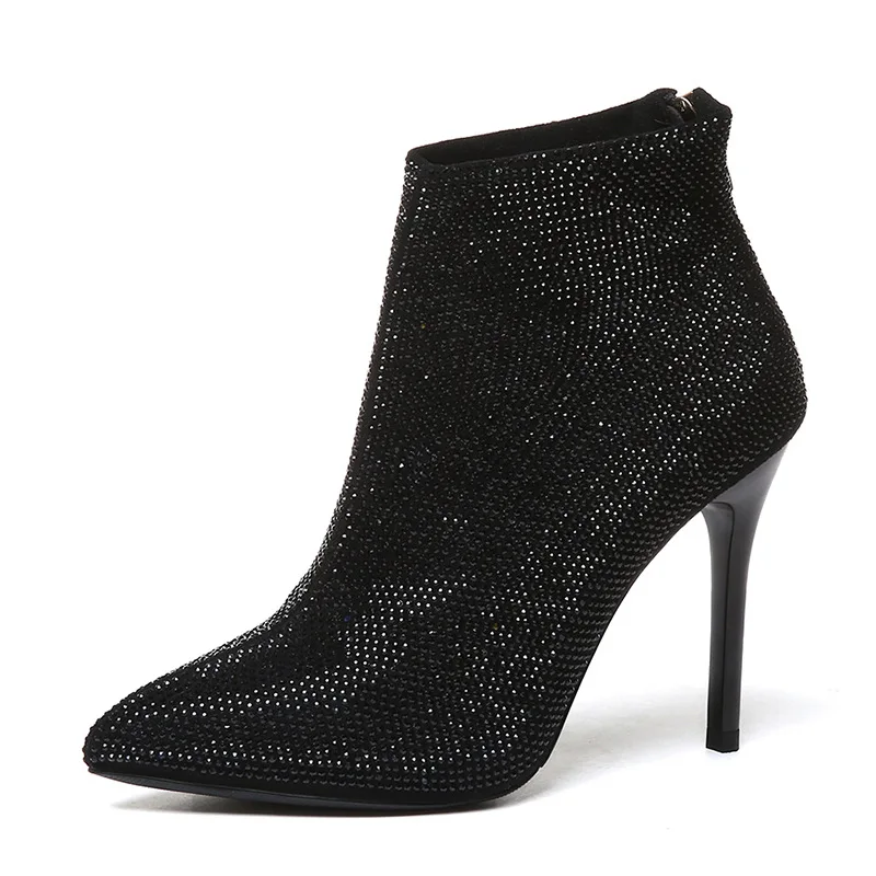 

2018 autumn and winter new pointed fine with foreign trade sexy rhinestone nightclub women's booties black ljj 1129