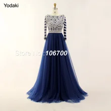 Потрясающие реальные фотографии с длинными рукавами Выпускные платья с кристаллами и бисером трапециевидной формы с вырезом лодочкой Длинные темно-синие тюлевые вечерние платья Новинка