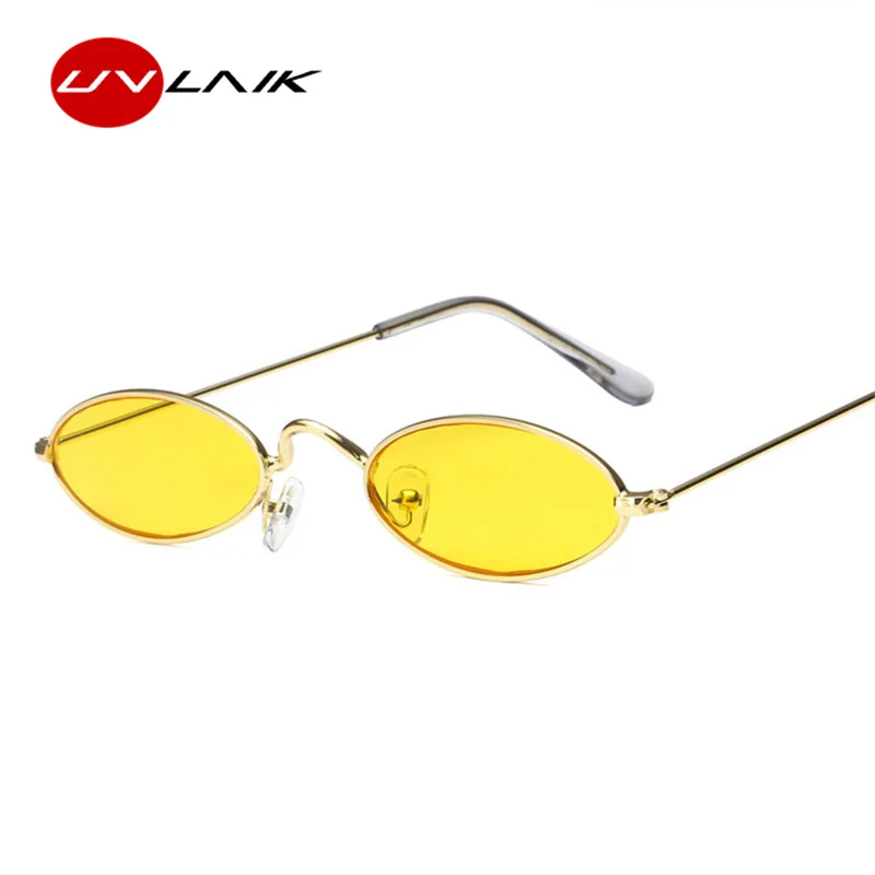 UVLAIK, винтажные маленькие овальные солнцезащитные очки, Женские Ретро брендовые обтягивающие солнцезащитные очки в металлической оправе, мужские солнцезащитные очки, красные, желтые, кошачий глаз