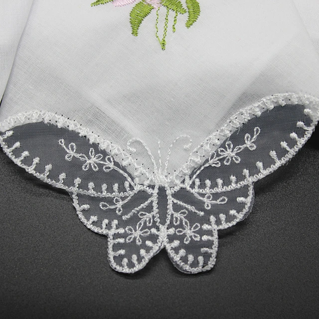 2Pcs/lotEmbroidered Handkerchief Cotton White Handkerchief, Embroidery Lace, Single Side Edge 3