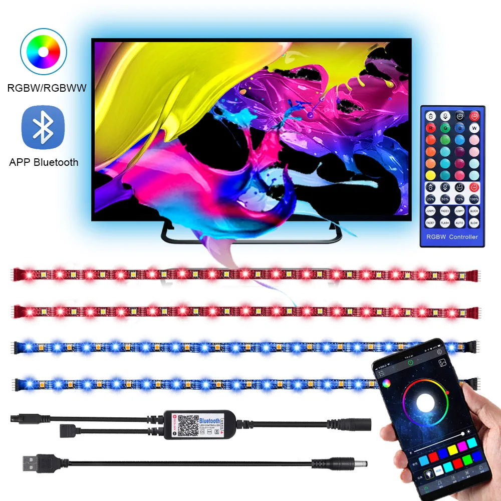 

Led Strip TV PC Screen Backlight DC 5V RGBW RGBWW Led Strip 40 Key Remote/Bluetooth APP Control USB Powered Flexible Light 1-5M