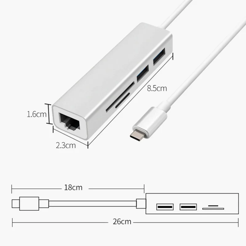 5 in 1 USB-C Hub Aluminium Alloy Type-C Adapter with RJ45 Ethernet Port USB 3.0 SD/TF Card Reader USB Converter for Macbook 5 in 1 USB-C Hub Aluminium Alloy Type-C Adapter with RJ45 Ethernet Port USB 3.0 SD/TF Card Reader USB Converter for Macbook