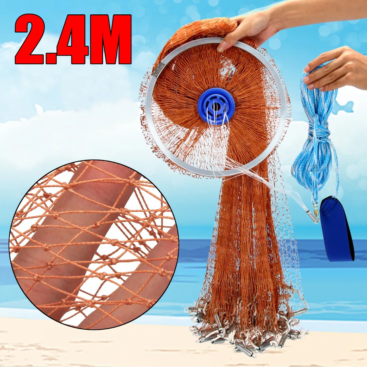 

2.4M 4FT Strong Nylon Mesh Line Fishing Nets,Fishing Tackle,Fishing Equipment, Casting Network 3/8" Strong Nylon Mesh Bait Cast