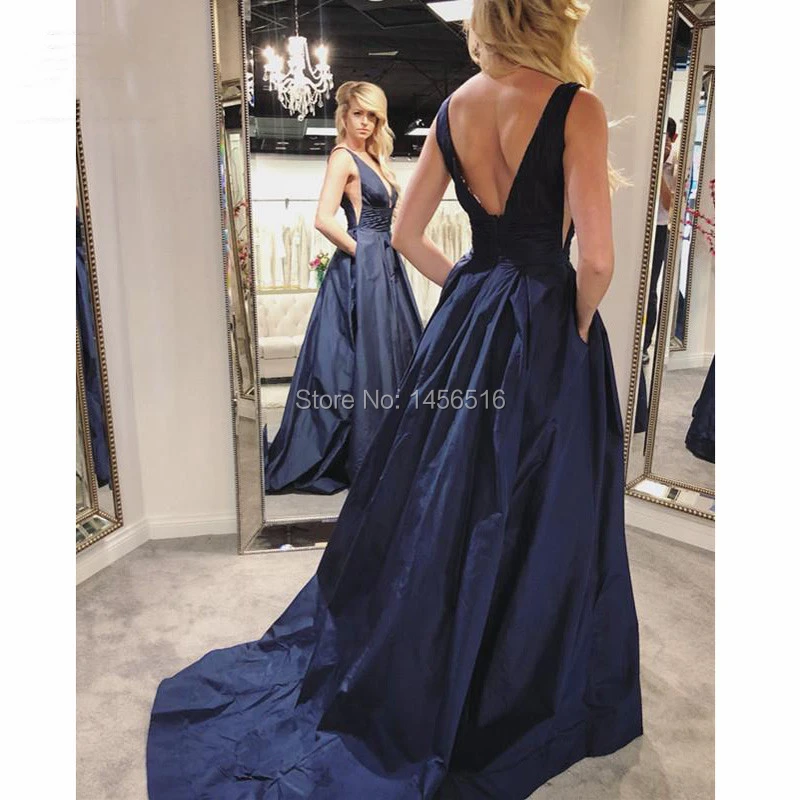 Elegant 2018 Dark Blue Prom Dresses Long Floor Length Deep V-Neck Sleeveless Tank Satin Backless Formal Evening Party Dress (2)