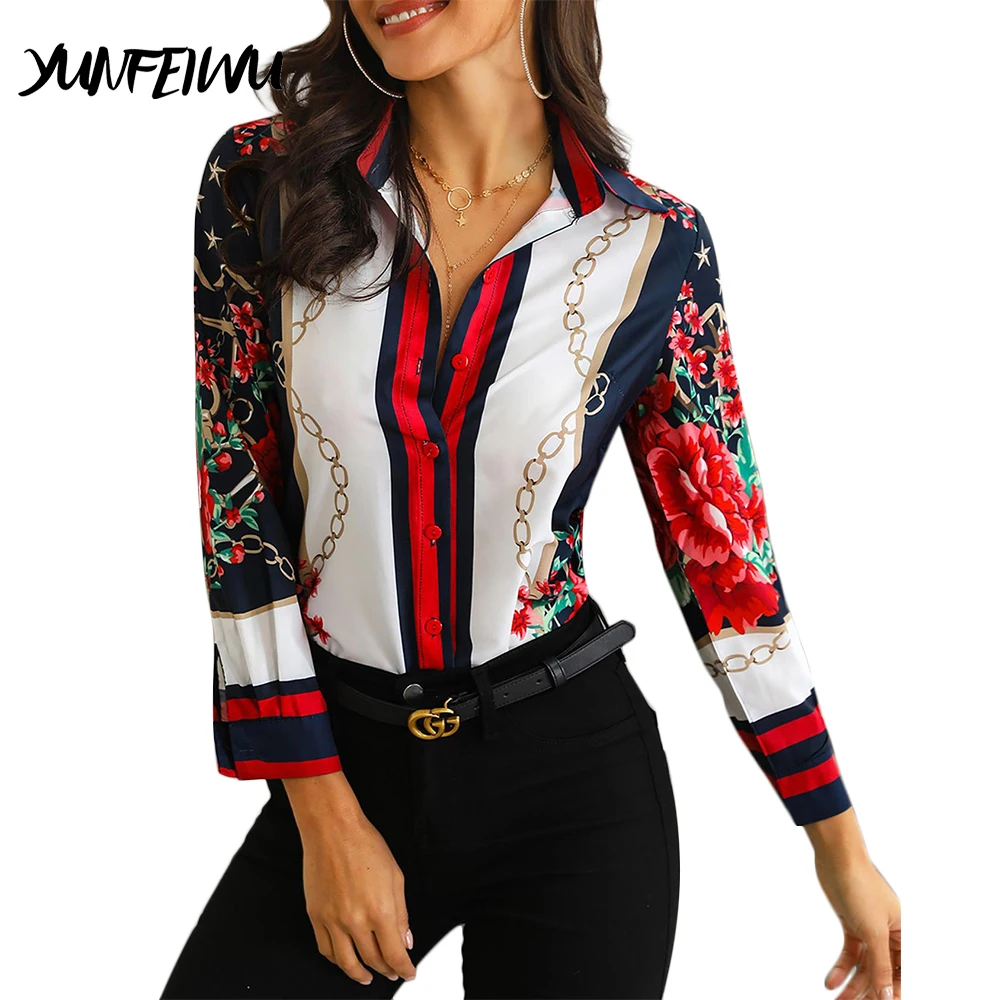 2019 Spring Women Elegant Party Loose Button Shirt Turn-down Collar Female Floral &amp Chains Print Casual Long Sleeve Blouse |