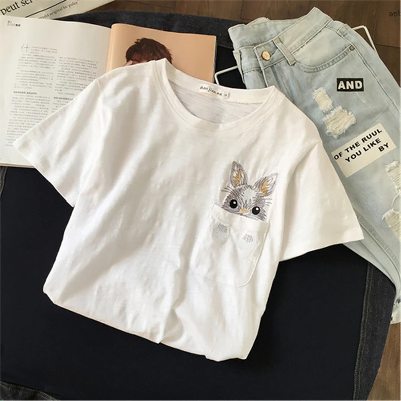 

OllyMurs 2019 Summer New Short Sleeve Women Cotton T-shirts Cartoon Rabbit Embroidery Tee Shirt Korean Fashion Casual Retro Tops