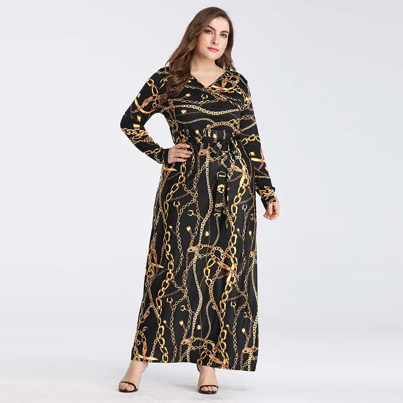

WHZHM Black Printed Celebrity Sashes Long Sleeve Plus Size 3XL 4XL Dress Women Vestido Casual Evening Party Loose Luxury Dresses