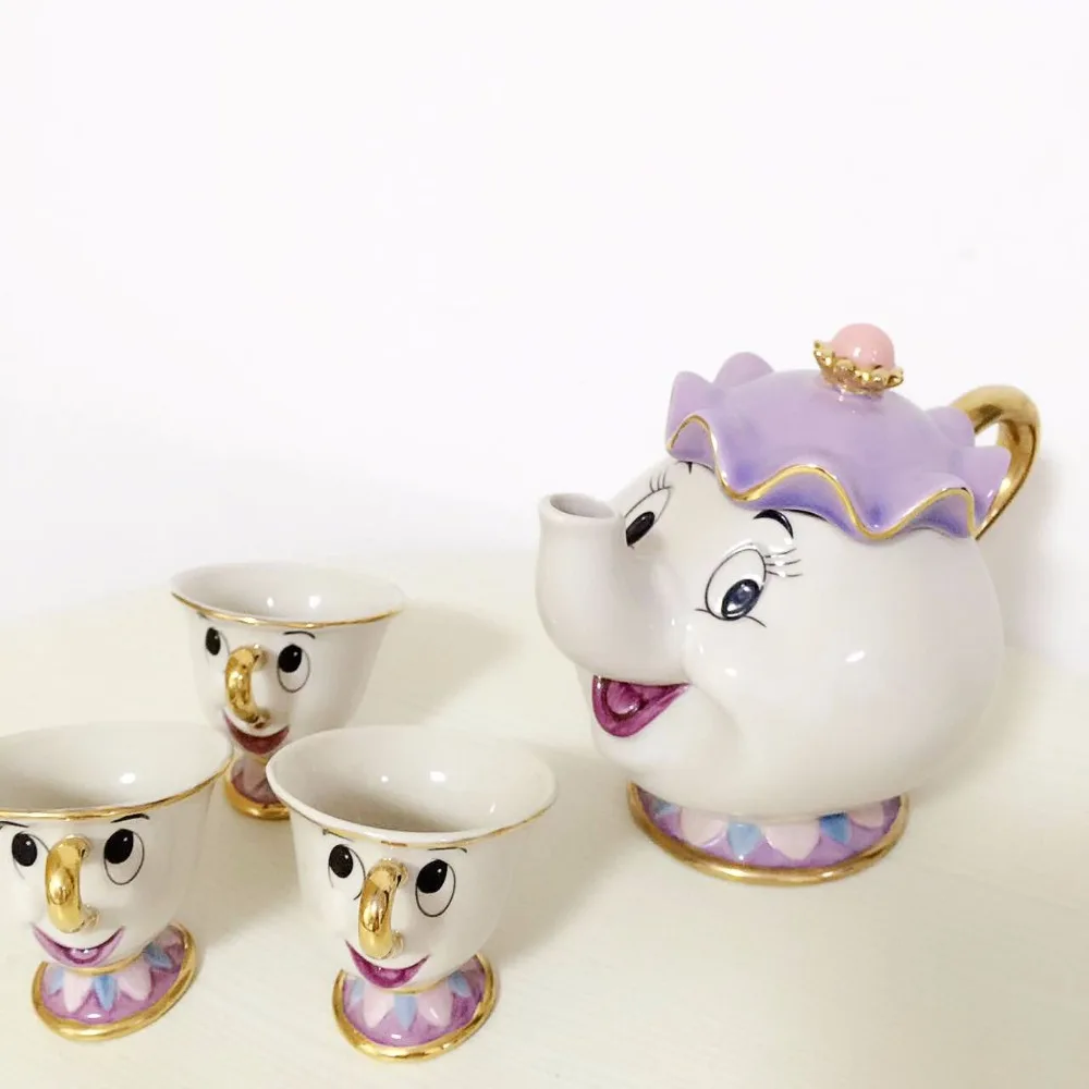 

[1 POT + 3 CUPS] Cartoon Beauty And The Beast Tea Set Mrs Potts Chip Coffee Pot Cup Mug Cute Xmas Birthday Gift Drop Shipping