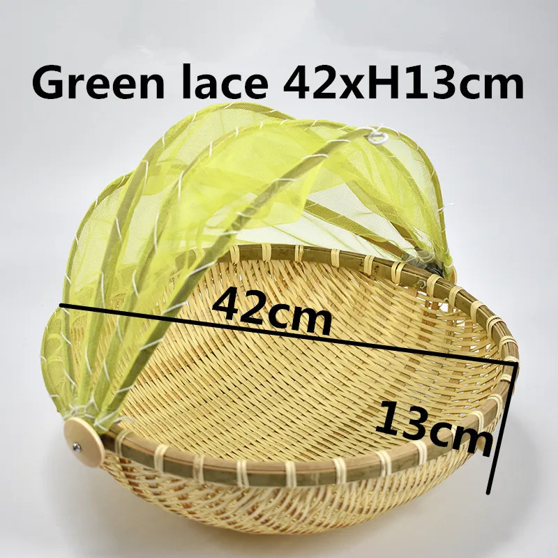 Подарочная корзина ручной работы Бамбуковая ткань плетеная корзина пылезащитный фруктовый лоток пищевые блюда для хлеба крышка с марлей Panier Osier хранения - Цвет: Green lace 42xH13cm