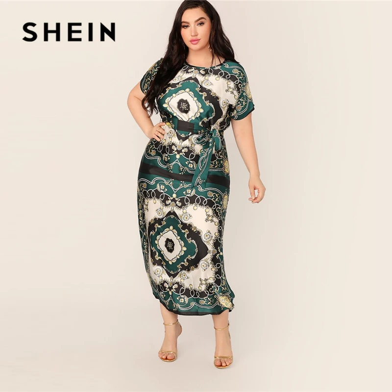 SHEIN, платье трапециевидной формы с зеленым шарфом размера плюс,, женское летнее стильное длинное платье макси с высокой талией