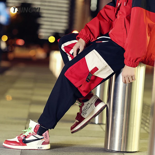 Tsingyi 5XL Ins Hot Fashion Spliced Multi Pockets joggers Cargo Pants Men Streetewar Hip Hop  Drawstring Tactical Male Trousers