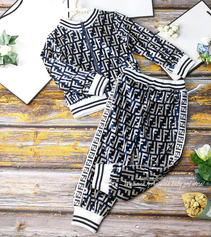 

6K89 Active Sport Print Princess Winter Fall Autumn Baby Girl Clothing Set Coat Outwear Top + Pants Wholesale Baby Girls Clothes