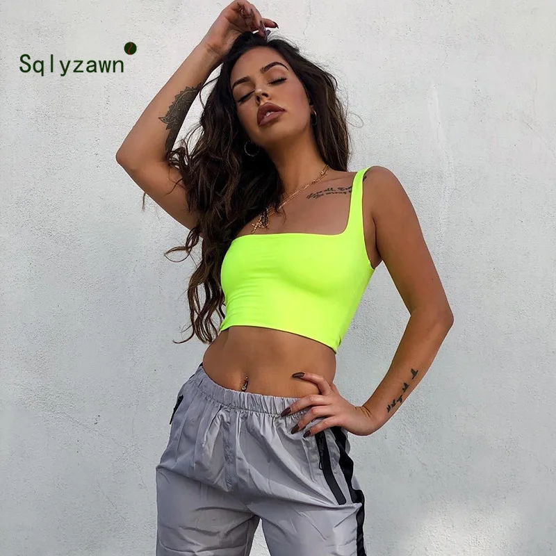 

Women Streetwear Camis Green Fluorescence Slim Tank Tops 2019 Summer Fitness Workout Tank Tops Tees Sleeveless Bralette Crop Top