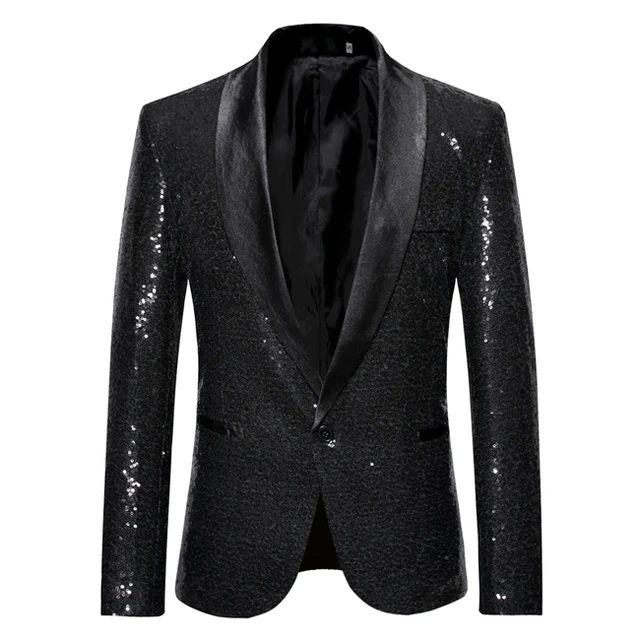 Sliver Sequin Glitter Blazer Jacket For Men Single Button Shawl Lapel