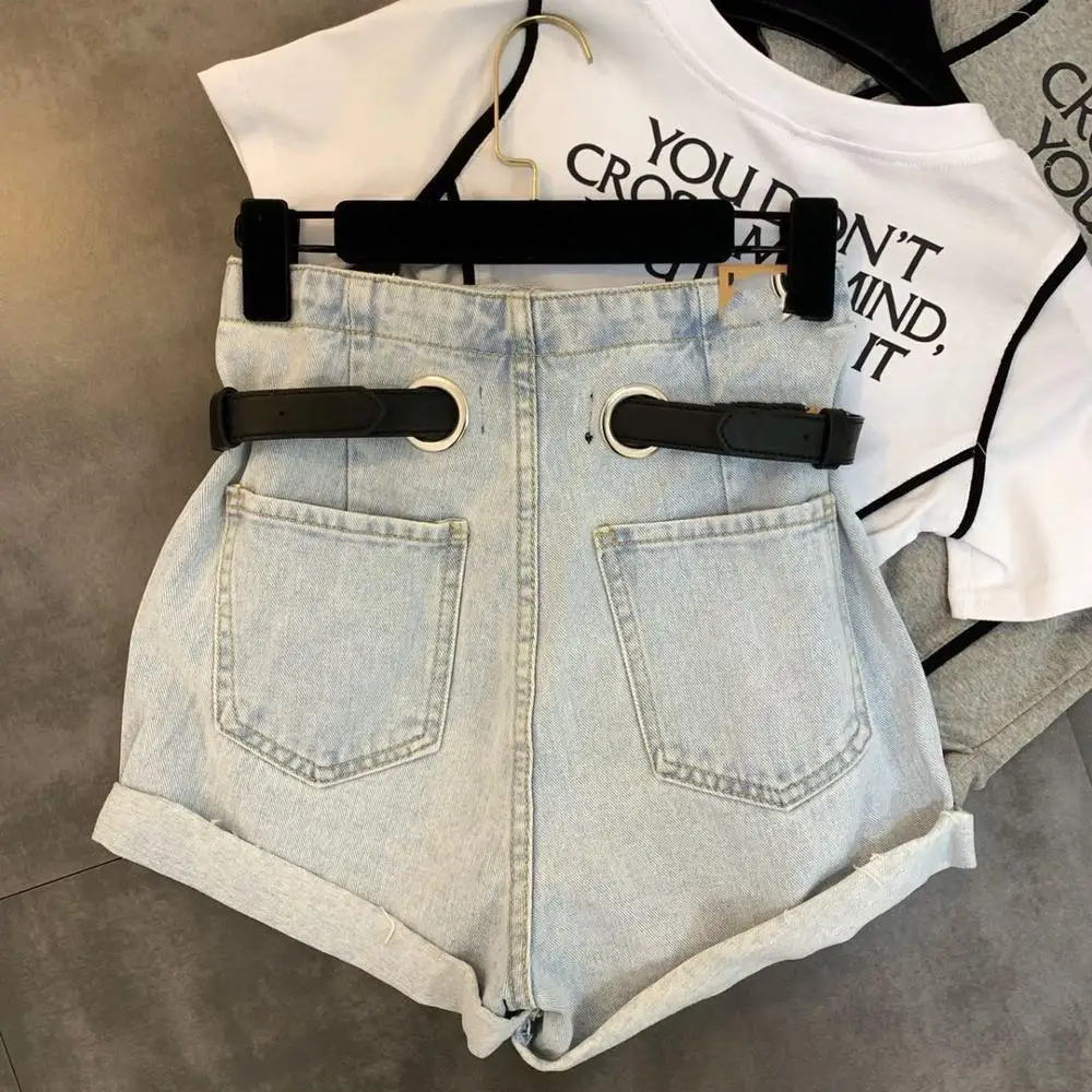 

2019 Summer New Belt Tightens High Waist Trend Denim Shorts Women