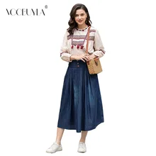 Voobuyla плюс Размеры 6XL джинсовая юбка Высокая талия плиссированные юбки женские лето-осень костюм с одной пуговицей; одежда с карманами; синие длинные джинсы юбка