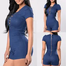 Женская облегающая туника с коротким рукавом из джинсовой ткани комбинезон короткие брюки