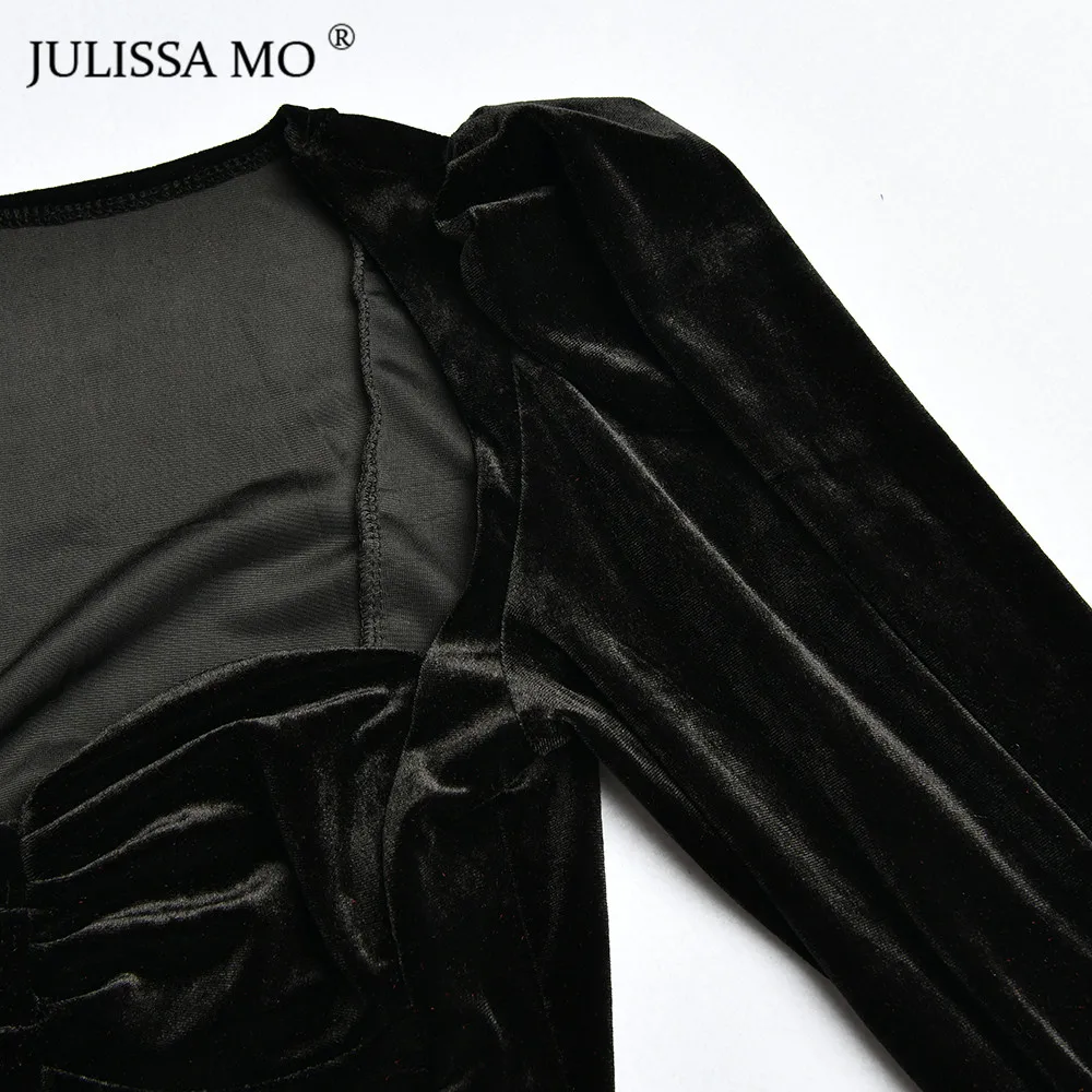 Julissa mo, черные сексуальные короткие футболки без бретелек, Женские Элегантные Бархатные укороченные футболки с пышными рукавами, женские бархатные летние кроп-топы