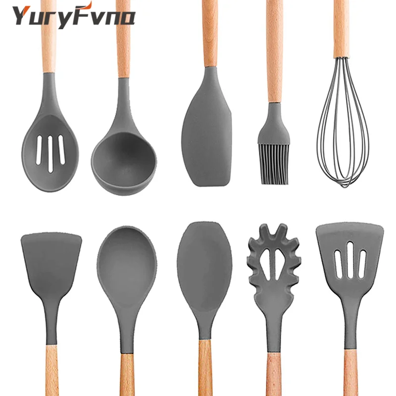 

YuryFvna Silicone Kitchen Cooking Utensils Wooden Handle Cooking Tools Turner Tongs Spatula Spoon Whisk Nonstick Cookware