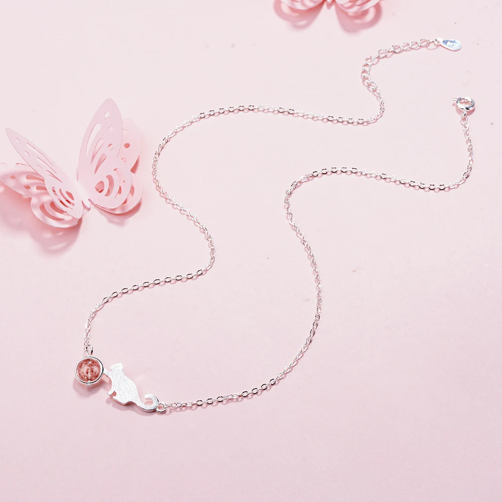 

anenjery 925 Sterling Silver Natural Strawberry Crystal Moonstone Cute Cat Necklaces For Women S-N255
